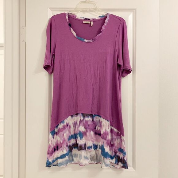 LOGO by Lori Goldstein Sz M Tunic Top Purple Tie Dye Ruffle Handkerchief Hem - Picture 1 of 6